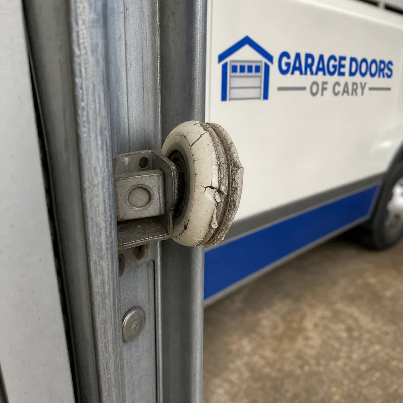 Close-up of worn nylon garage door rollers beside the track