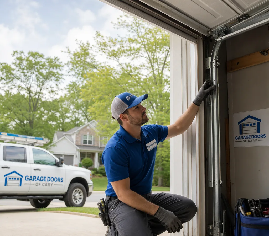 Contractor inspecting the track and rollers of a partially open residential garage door