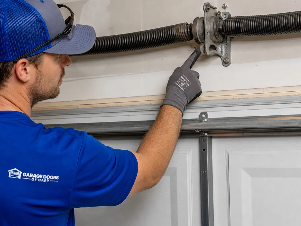 Contractor indicating wear on a garage door torsion spring and center bearing plate