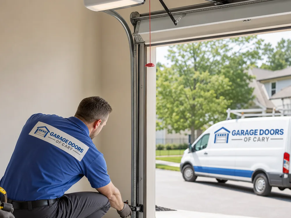 Contractor checking garage door opener safety sensor alignment