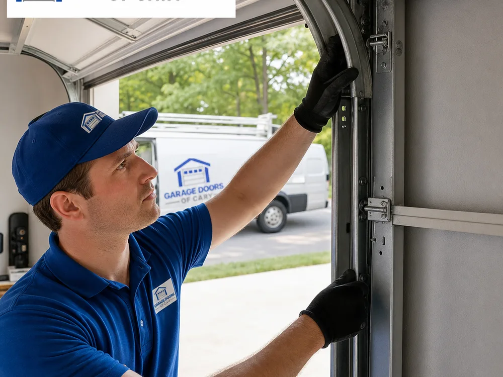 Technician inspecting a secured off-track garage door and its track hardware