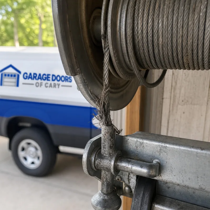 Frayed garage door lift cable showing wear near the drum and bottom bracket