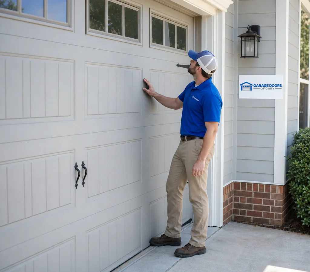 Contractor inspecting a residential garage door and opener at a Cary home