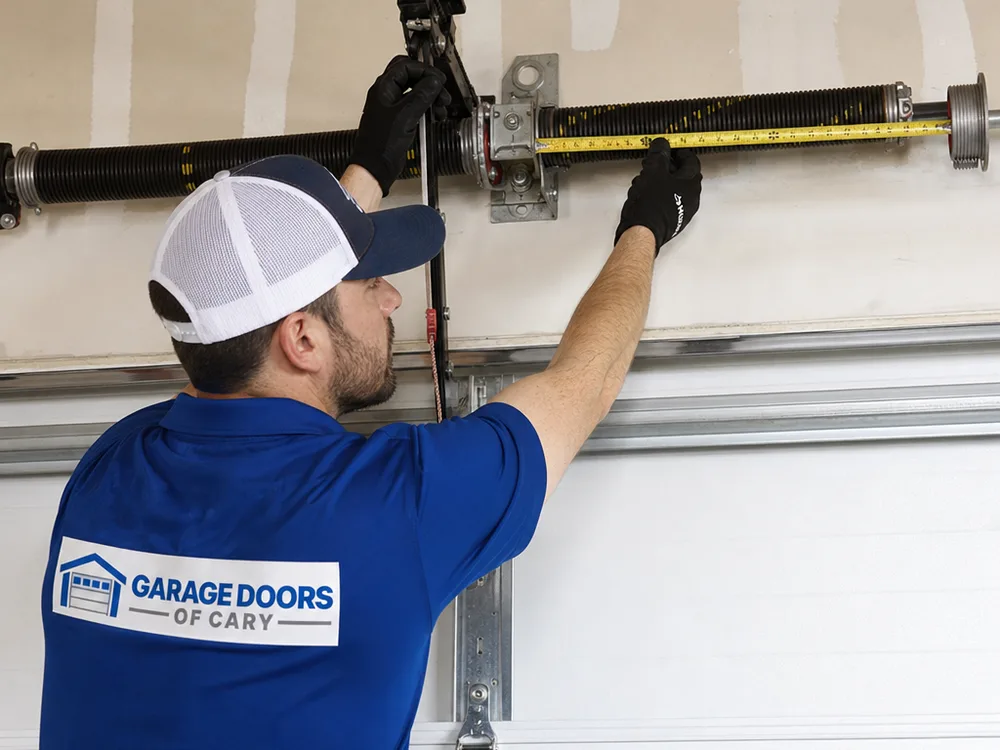Contractor measuring and inspecting a garage door torsion spring assembly