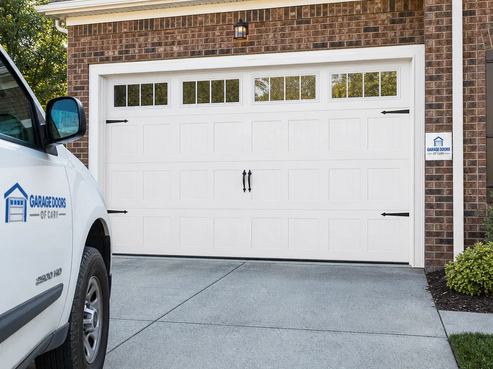 Installed insulated steel garage door with perimeter trim and bottom seal