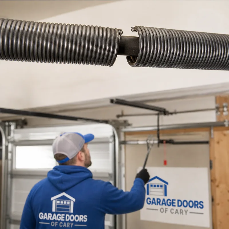 Broken torsion spring with a visible gap in the coil above a garage door