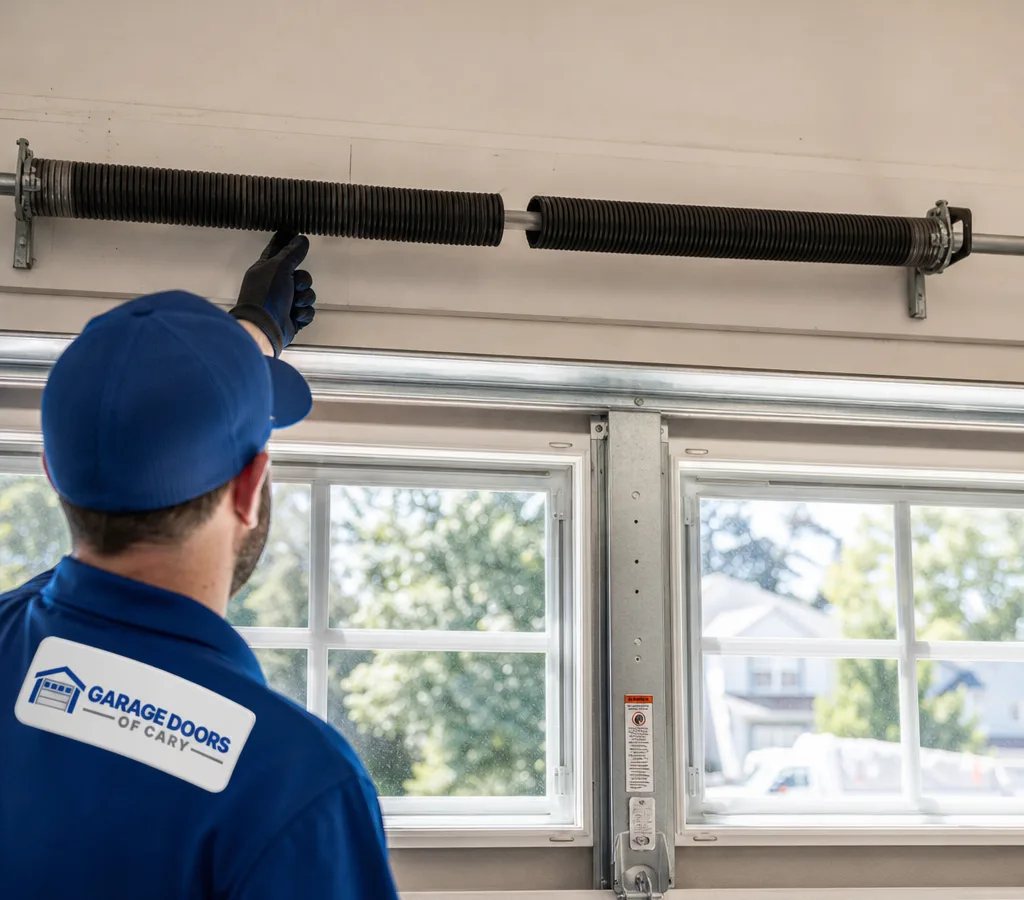 Broken torsion spring above a residential sectional garage door