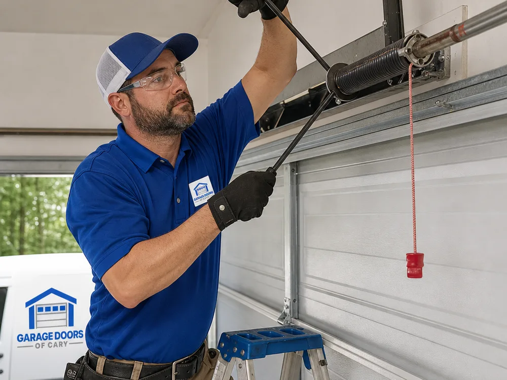 Contractor using winding bars to adjust torsion spring tension on a garage door