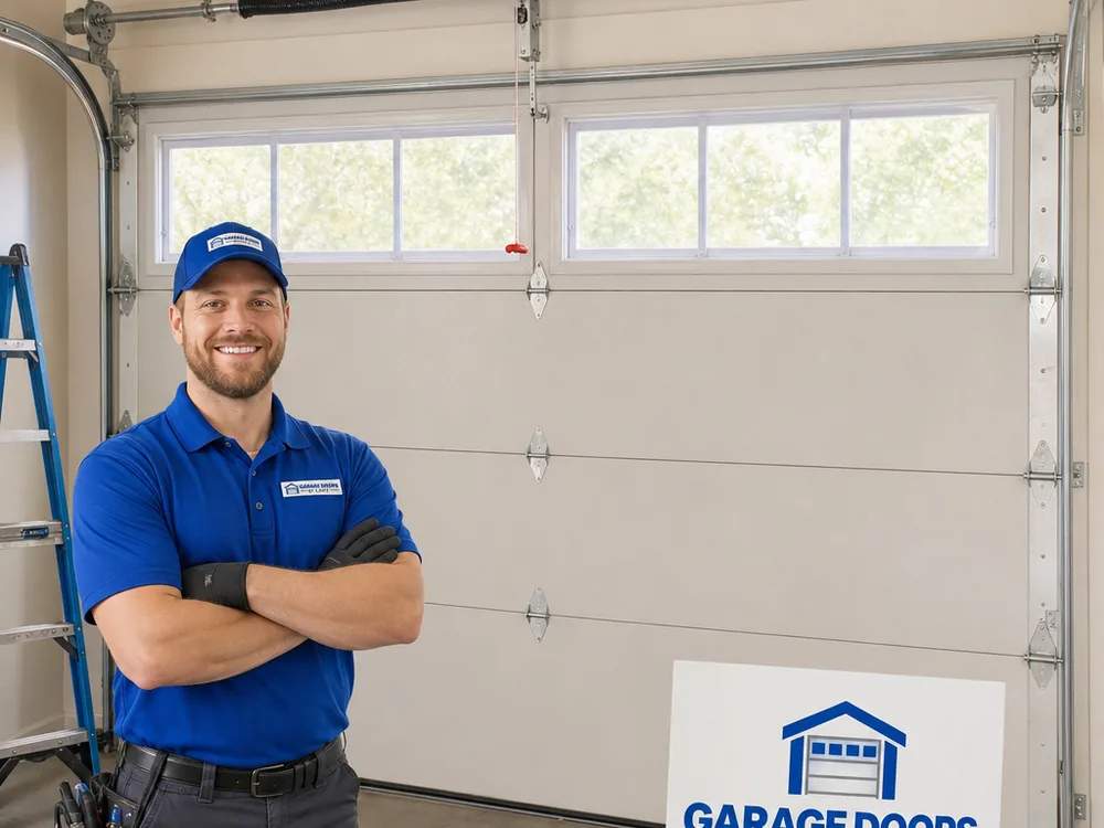 Residential garage door with a clean torsion spring and center bearing setup