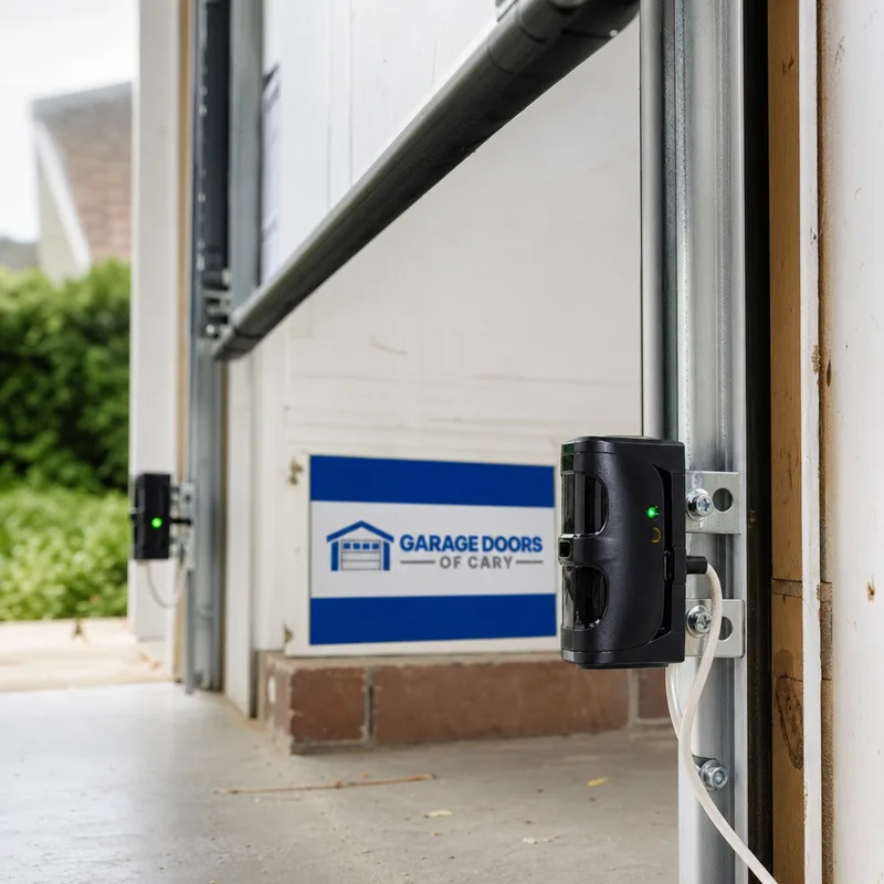Aligned garage door safety photo-eye sensors with indicator lights visible