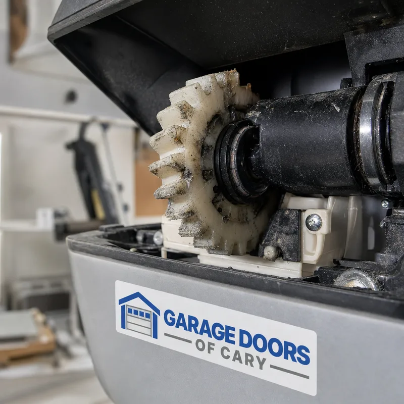 Worn plastic gear inside a garage door opener housing with visible tooth wear and debris