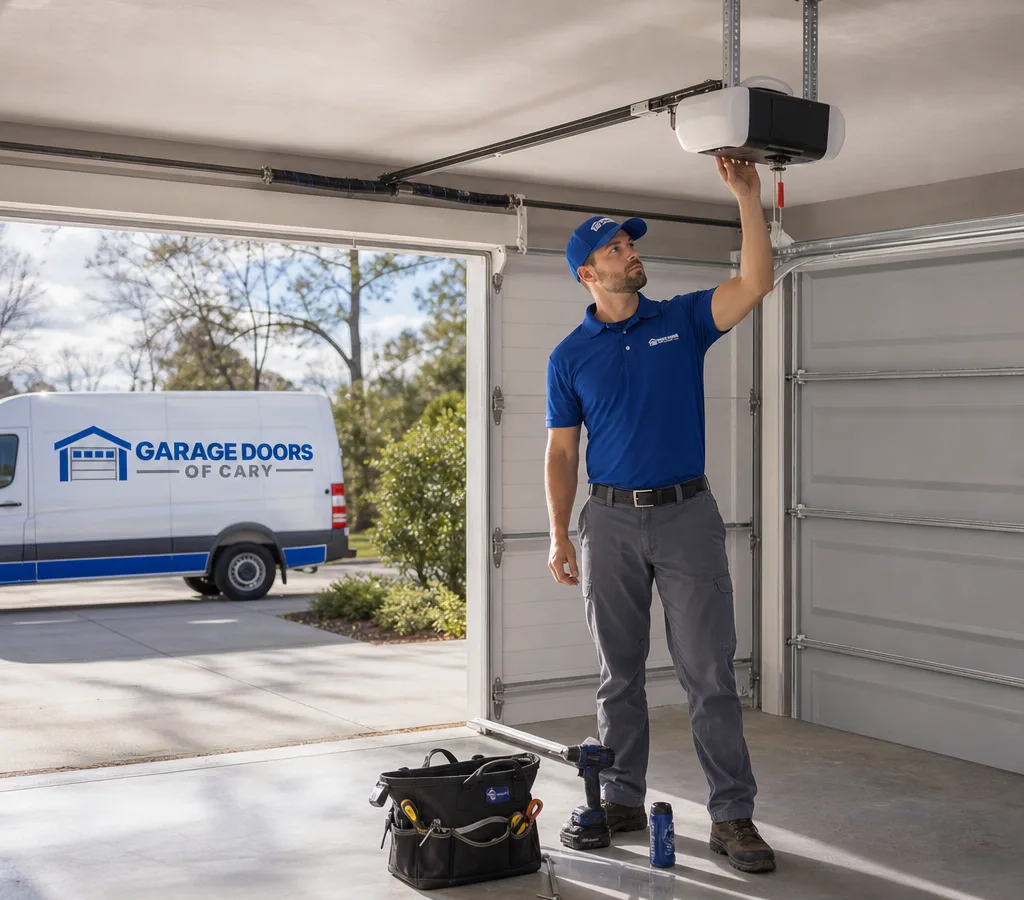 Contractor inspecting a ceiling-mounted garage door opener and rail system with tools laid out below