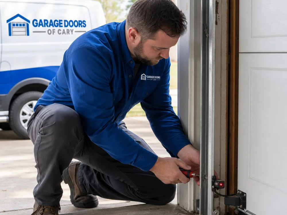 Contractor testing garage door safety sensors and checking alignment near the floor tracks