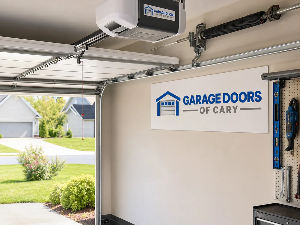 Modern wall-mounted garage door opener installed beside the torsion spring shaft