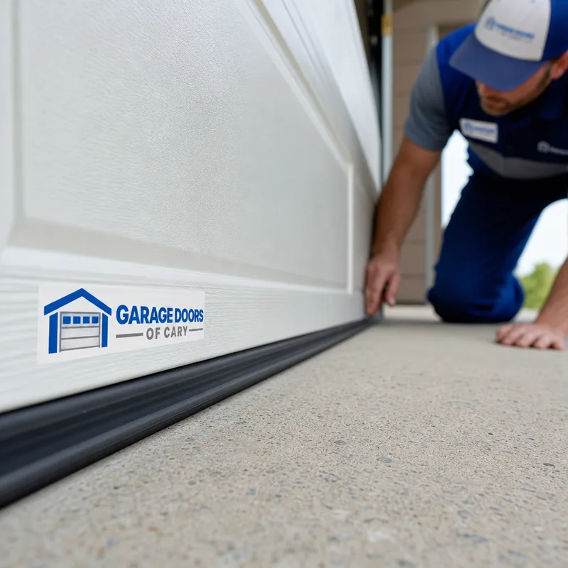 Bottom rubber garage door seal meeting a concrete slab evenly across the opening
