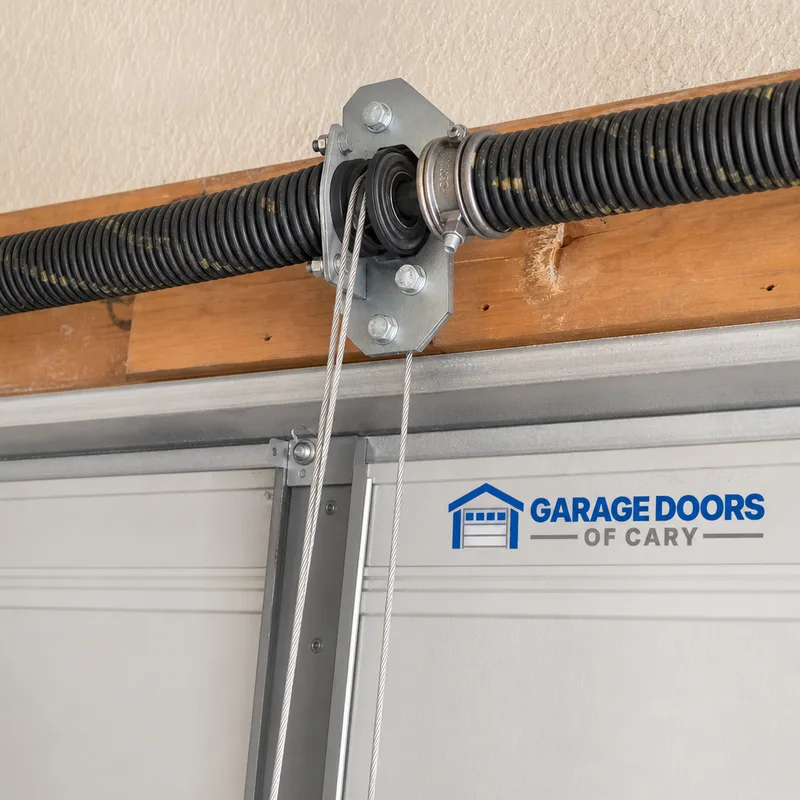 Torsion spring and center bearing plate mounted above a residential garage door header