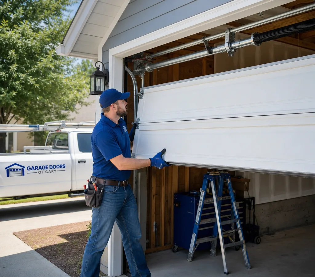 Contractor guiding a new sectional overhead garage door into a residential garage opening