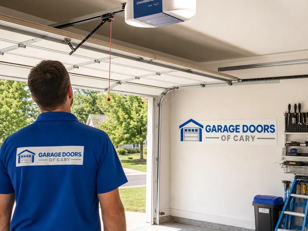 Garage door opener connected to a new door with aligned safety photo eyes and tidy wiring