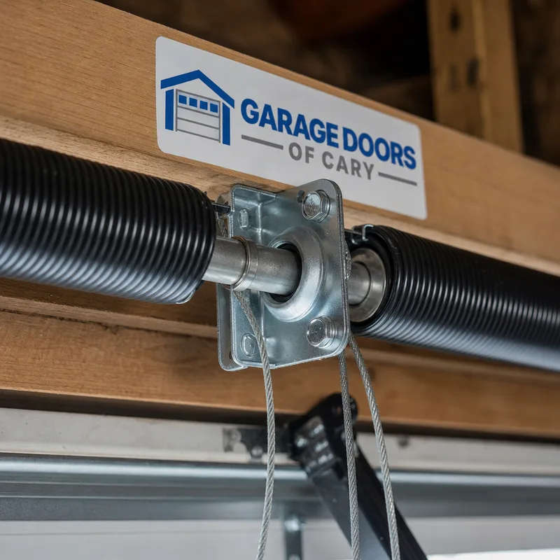 Torsion spring, center bearing plate, and cables on a residential garage door system