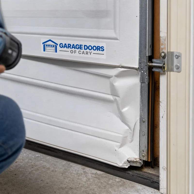 Damaged lower garage door panel with creasing and a bent end stile near the roller hinge