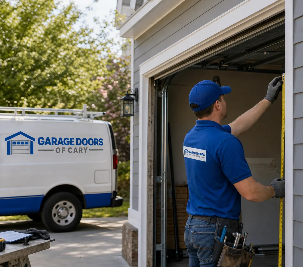 Contractor inspecting and measuring a residential garage door opening and existing tracks for replacement
