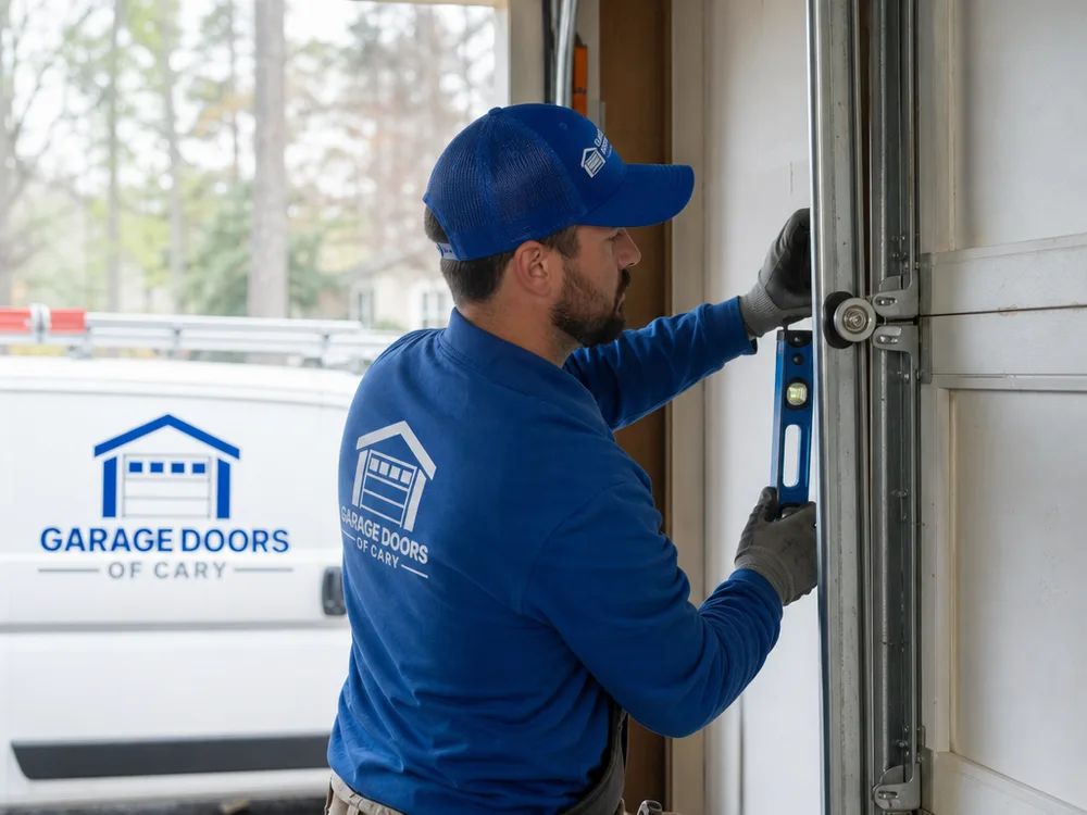 Contractor leveling vertical track and checking roller alignment during sectional garage door installation