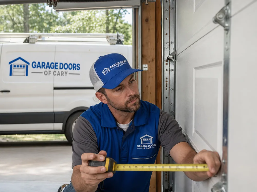 Contractor examining a torsion spring assembly and measuring sectional garage door panels for replacement