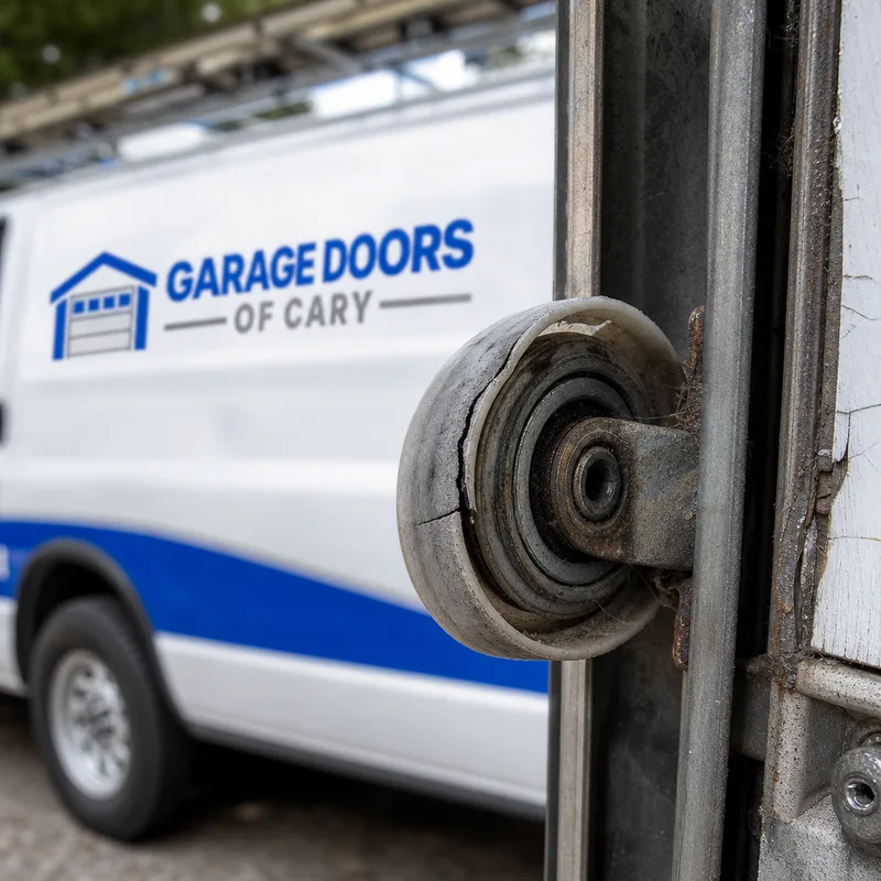 Worn garage door roller with a cracked nylon wheel and exposed bearing beside the track edge