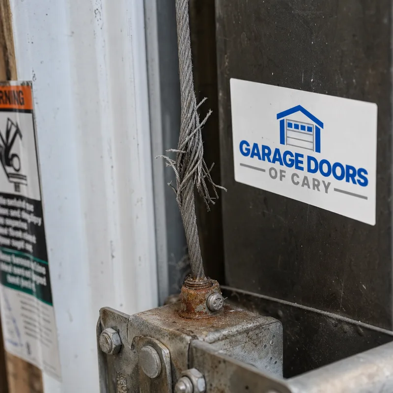 Frayed garage door lift cable near the bottom bracket with broken strands and rust staining