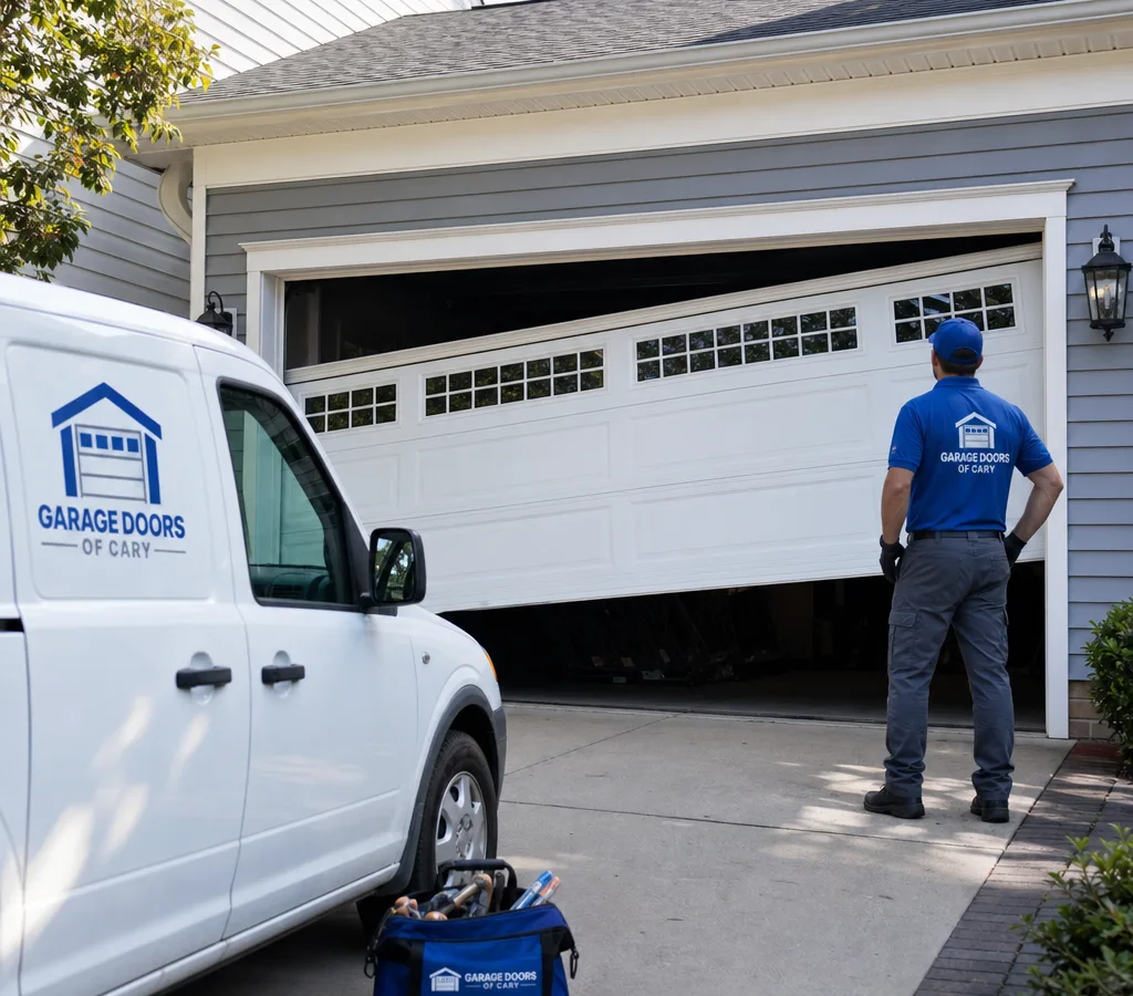Residential sectional garage door partially off its track with one side raised and the bottom roller misaligned