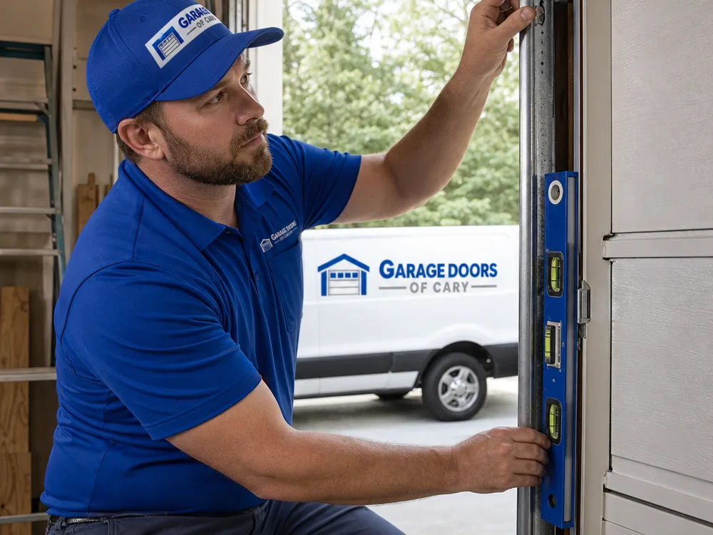 Contractor checking garage door track alignment and roller wear with a level