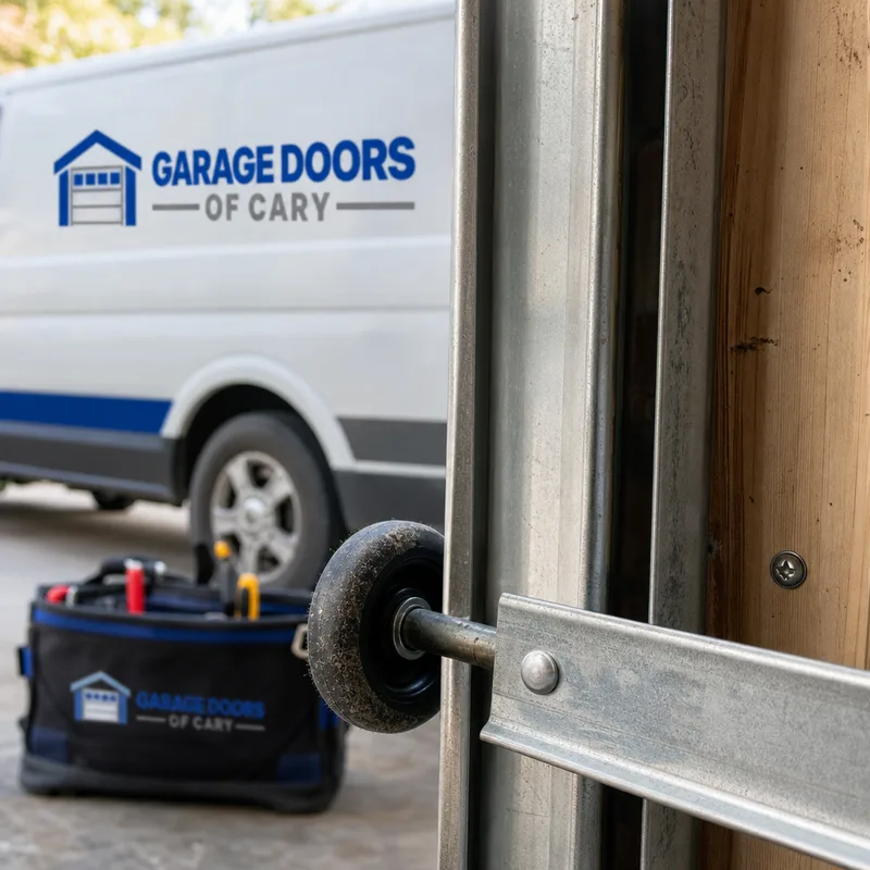 Garage door roller partially out of its track and visibly misaligned