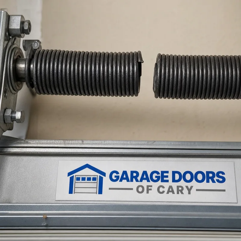 Broken torsion spring with a visible separation in the coil above a garage door