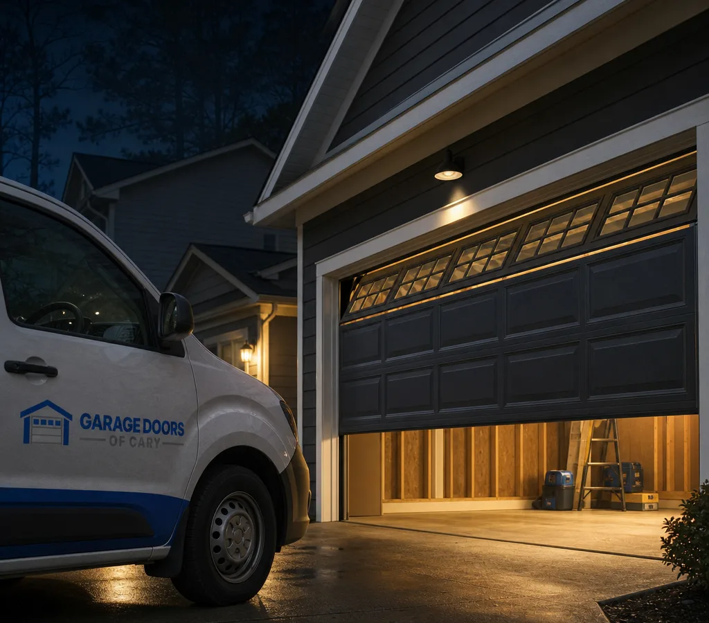Residential sectional garage door partially open at night with light spilling from the garage