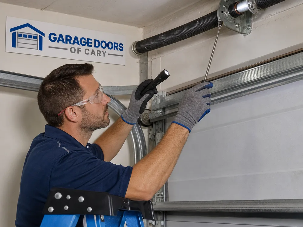 Contractor inspecting garage door torsion springs and center bearing plate with a flashlight and hand tools