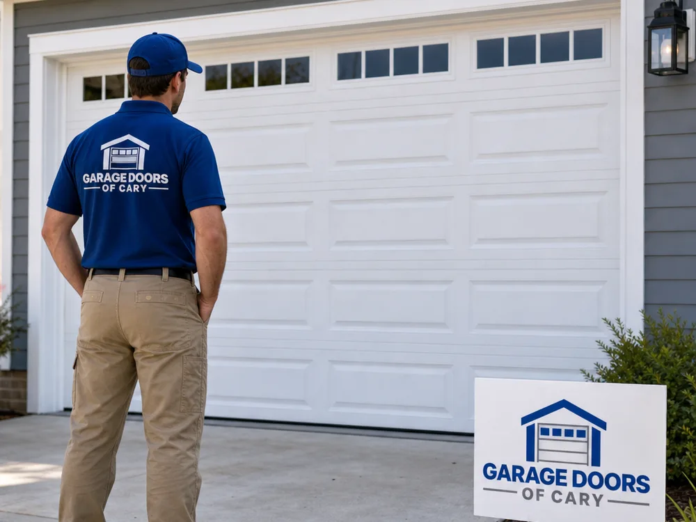 Residential garage door fully closed and aligned with even jamb gaps and weather seal contact