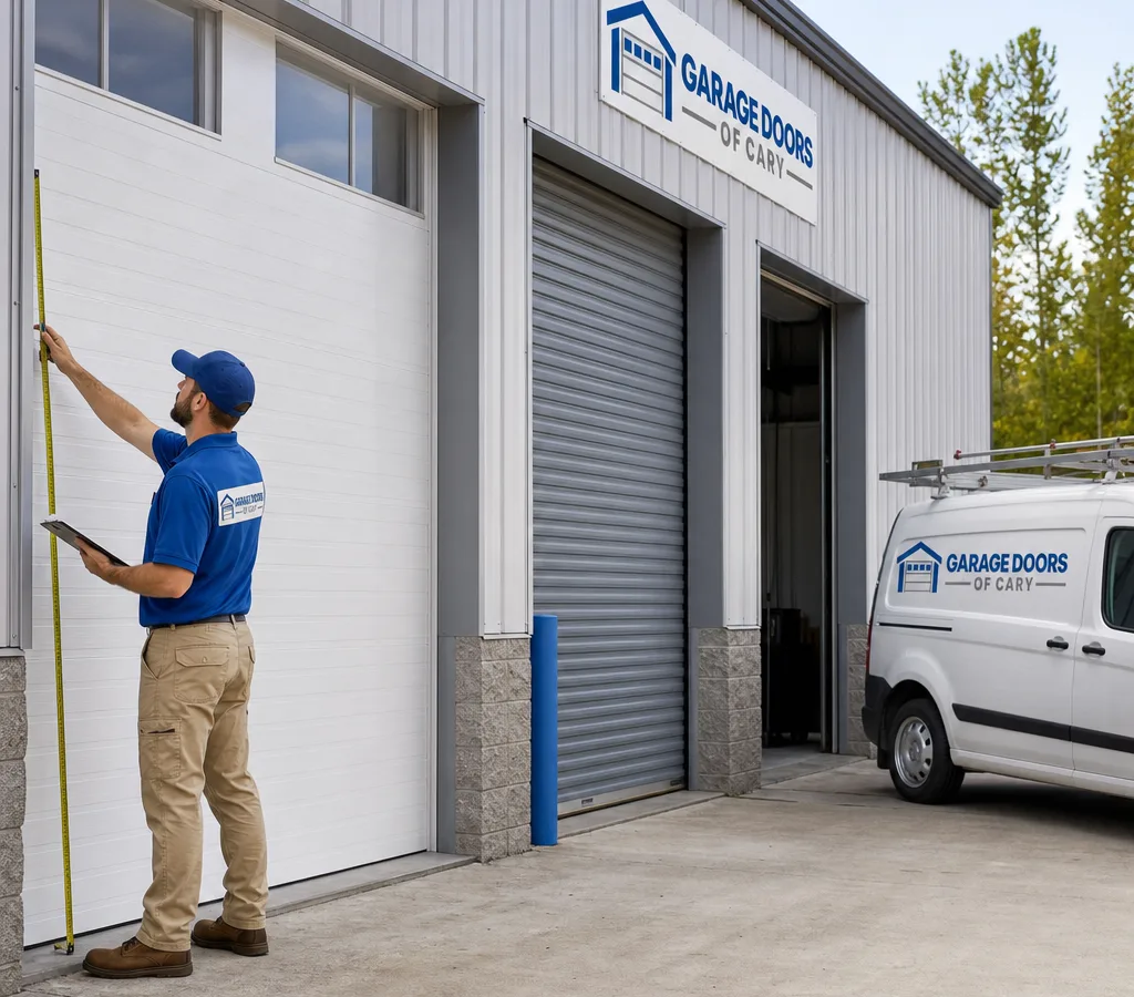 Contractor measuring commercial overhead doors at a commercial building