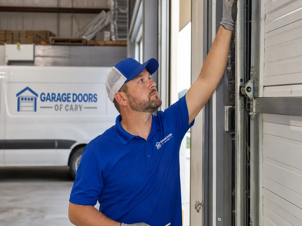 Contractor checking track alignment and operator mounting points on a warehouse overhead door
