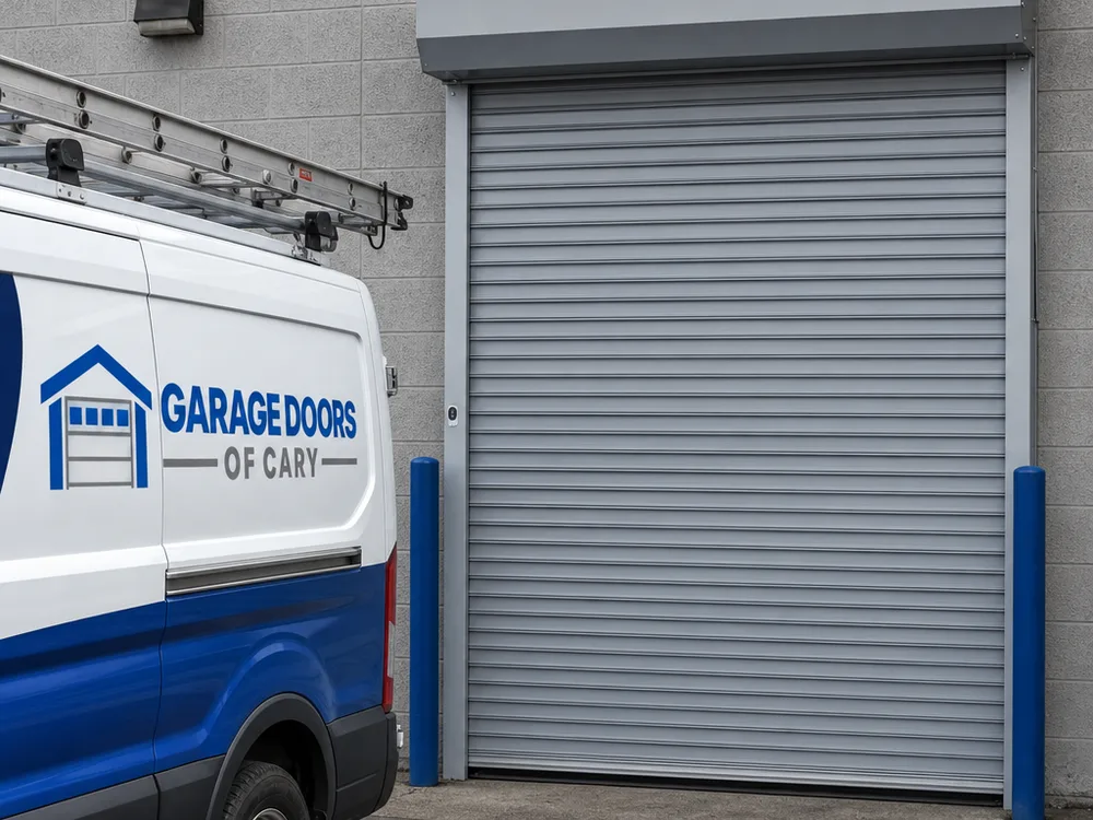 Rolling steel service door with hood and guides at a commercial building