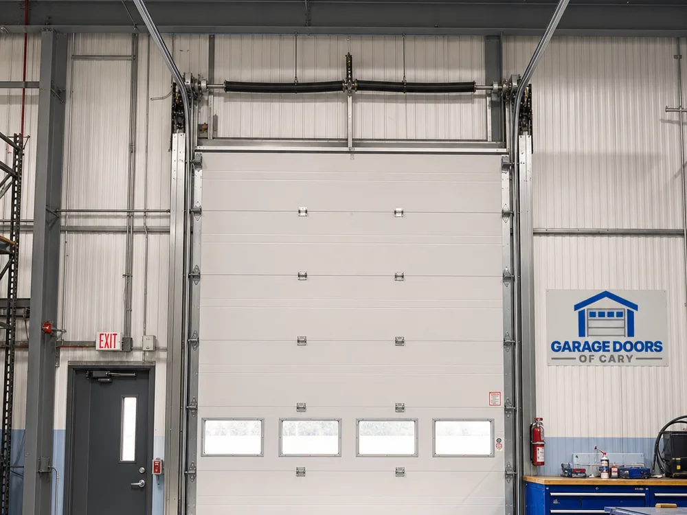 Commercial sectional steel overhead door with high-lift track