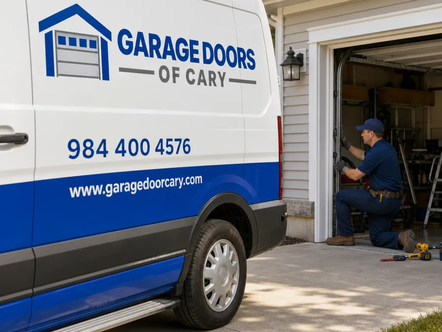Contractor checking garage door roller condition and track bracket fasteners